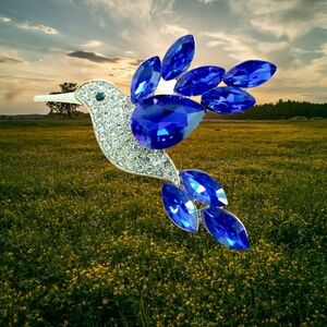Blue Rhinestone Hummingbird Brooch